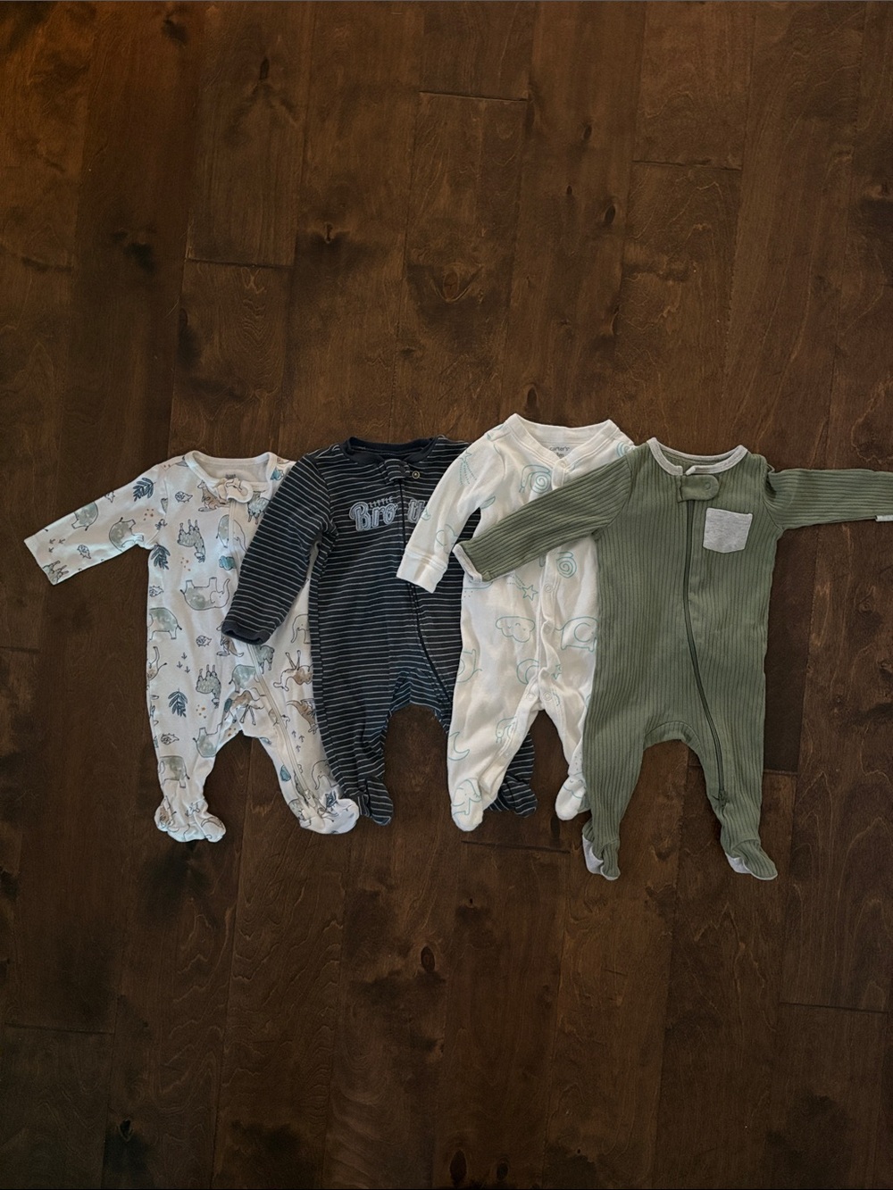 Bundle of FOUR 4 Baby Boy 0-3 Month Long Sleeve Footies Animals Blue Green